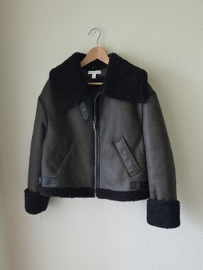 Faux Shearling Bomber Jacket Black Sz M